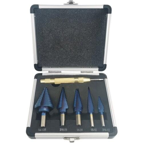 ALLSOME 6Pcs HSS Nano Blue Coated Step Drill Bit With Center Punch Set Hole Cutter Drilling Tool HT2887