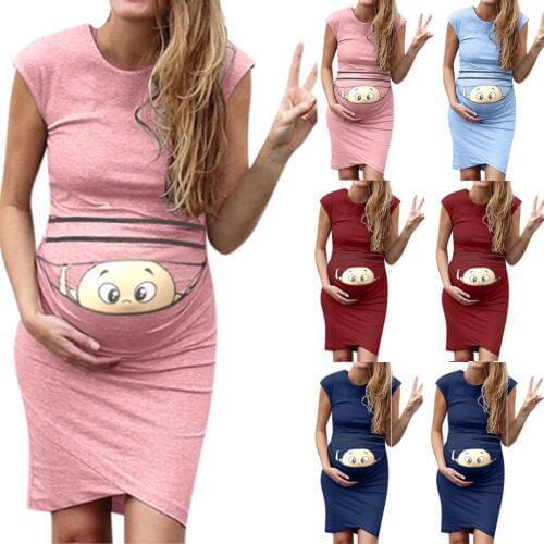 TELOTUNY Women Pregnant Dress Print Pregnant Maternity Props Bodycon Casual Sleeveless Summer Soft Mama Dresses
