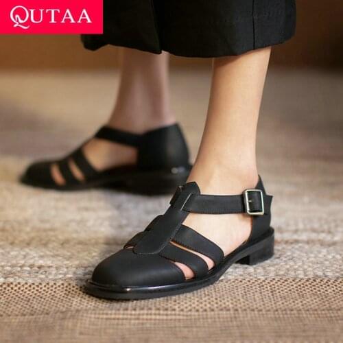 QUTAA 2021 Women Pumps Square High Heel Women Shoes Platform Buckle Round Toe All Match Out Door Black Women Sandals Size 34-40