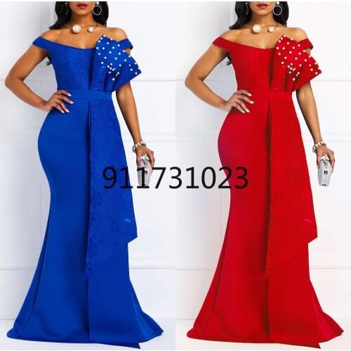 Women Off Shoulder Long Dress Sexy Mermaid Slash Neck Beads Skinny Prom Evening Fashion Plus Size Lace Elegant Party Maxi Dress