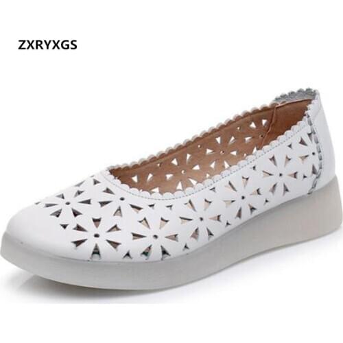 2021 New Top Cowhide Hollow White Shoes Nurse Flats Soft Sole Comfort Breathable Hole Shoes Sandals Leisure Shoes Woman Flats