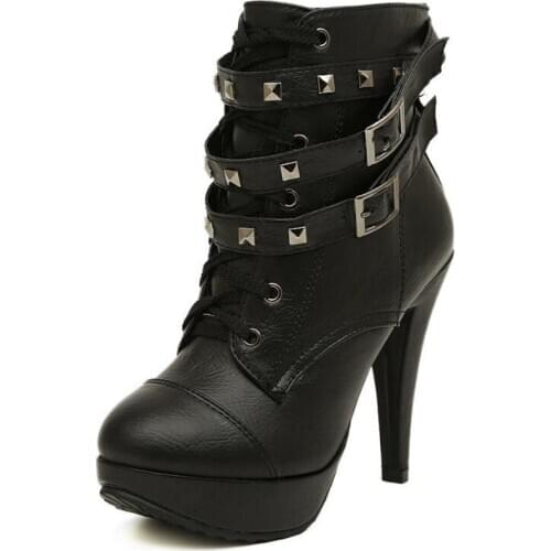 Women Boots Platform High Heels Female Fashion rivets Lace Up Shoes Woman Buckle Short Boot Casual Ladies Footwear