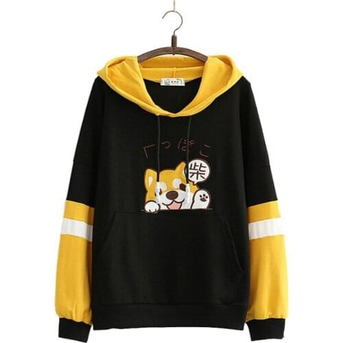 Women Cotton Hoodies And Sweatshirt Cartoon Dog Embroidery Patchwork Hooded Pullover For Sweet Style Girl Drawstring Tracksuits