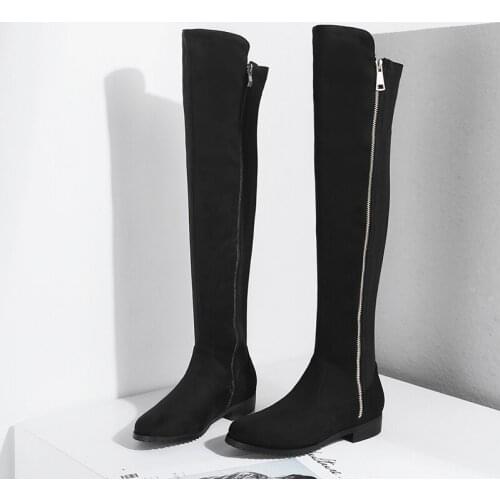 Zipper Faux Suede Knee High Boots Women Fashion Flat Round Toe Winter Boots Pop Women Flock Leather High Boots Female Wine red