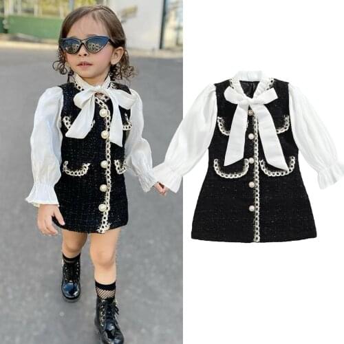 FOCUSNORM Autumn Princess Infant Girls Sweet Dress Outfits 1-6Y Bow Tie Up Long Puff Sleeve Single Breasted Pocket Dress