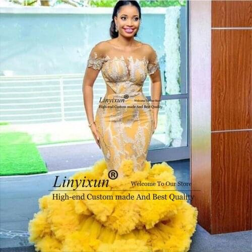 Gold Yellow Plus Size Mermaid Evening Dress 2021 New Ruffle Skirt Lace African Women Prom Dresses Short Sleeve Gown abendkleider