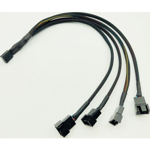 30cm Black Braided Cable Splitter One 4Pin Female Connector Splits to Four 4pin Male Connectors for PWM 3/4 Pin Computer Fan NEW