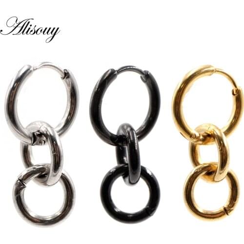 Alisouy 2pcs Punk Hiphop Gothic Stainless Steel Circle Dangle Clip Huggie Round Hoop Earrings for Women Men Ear Helix Earrings
