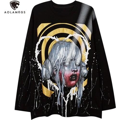 Aolamegs Sweatshirt Men Heart-shaped Graffiti Scary Girl O-Neck Tops Autumn Hip Hop Harajuku Fashion Pullovers Couple Streetwear