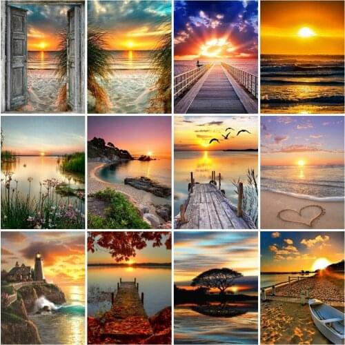 AZQSD Full Square Diamond Embroidery Sunset Seaside Mosaic Picture Of Rhinestones Diamond Painting Landscape Handmade Home Decor