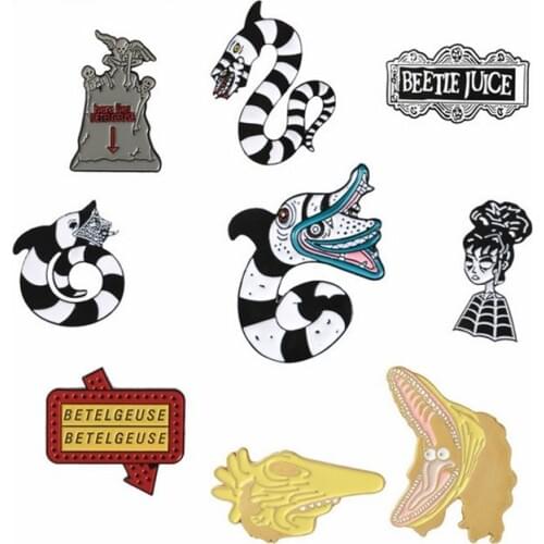 Beetlejuice pins collection Halloween Lapel pins Dark Badges Horror Snake Gift Accessories Goth girls Cosplay jewelry Brooch