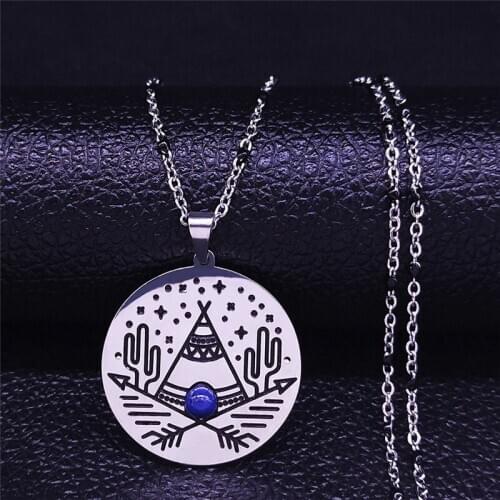 Boho Cactus Tent Bow and Arrow Natural Stone Stainless Steel Necklaces Silver Color Charm Necklaces Jewelry collier femme NXS04