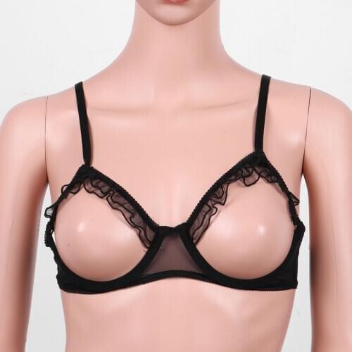Womens Open Cup Bras See Through Mesh Sexy Lingerie Adjustable Straps Bare Breast Ruffles Push Up Underwired Erotic Bra Tops