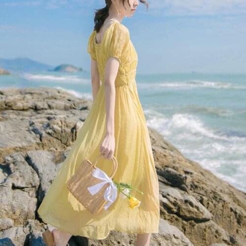 One Piece Dress Korean Sweet Elegant Dress Women Short Sleeve Casual Thin Beach Dress for Females 2021 Summer Chic Office Lady