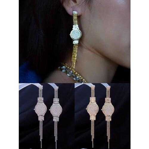EYER Luxury High Quality Pendant Watch Shape Unique Long Earrings For Women Femme Full Cubic Zirconia Dangle Drop Earrings