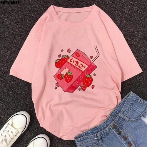 T-shirt Women Strawberry milk drink Graphic Printing Fashion Clothes Short Sleeve Cartoon Summer Female Clothes Tops Tees Tshirt