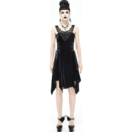 Gothic Velvet Knitted Hollow Embroidery Printed Sling Dress Drawstring Thinning Design Irregular Hem Dress