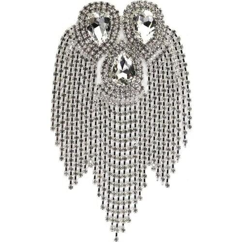 Crystal Motifs Fringe Tassel Rhinestones Applique for Shoulder Decorated Craft Beaded Diamond Water drop Design Patches Badge