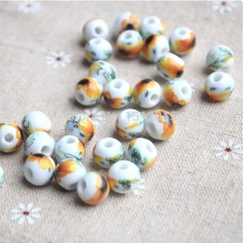 On sale Wholesale 10/12mm 50pcs Diy Porcelain Ceramic Round Beads,Sunflower Pattern Spacer beads Free shipping YS0024