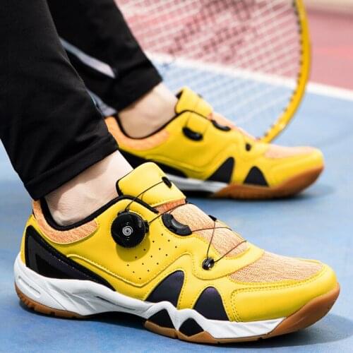 New Arrival Badminton Gym Shoes Yellow Green Youth Tennis Shoes Anti-Slip Table Tennis Shoes Men Quick Lacing Badminton Trainers