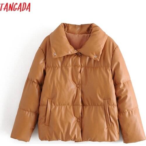 Tangada Women brown fur faux leather jacket coat oversized buttons 2020 Winter Female pu turn down collar jacket overcoat QN30