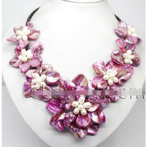 Womens Hot selling Fashion Jewelry shell white pearl beads flower pendant necklace rope 18" Genuine 18inch Wedding women