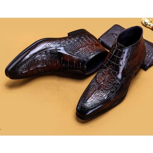 Men Genuine Cow Leather Crocodile Winter Texture Ankle Chelsea Boots Brogue Flat Lace Up Dress Shoes 2020