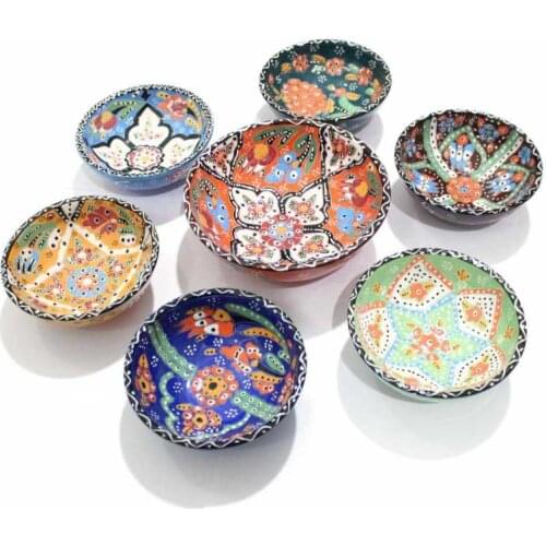 6 + 1 Kütahya Authentic Mixed Color Ceramic Pottery Bowl Set decor for nuts turkish traditional anatolian handmade pottery natur