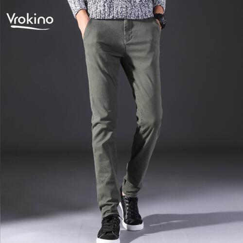 VROKINO Brand 2019 New Stretch Cotton Slim Mens Trousers Business Leisure High Quality Classic Solid Color Men Casual Pants