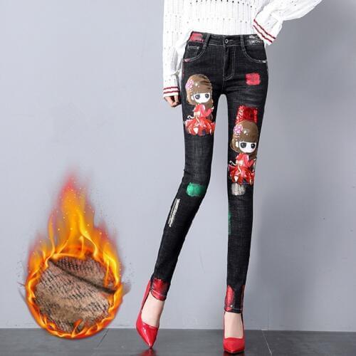 Autumn winter fashion cartoon sequins jeans gildinfeet black plus velvet skinny pencil jeans