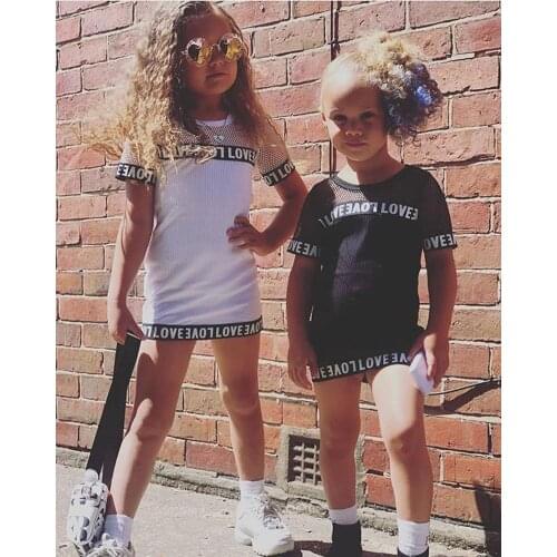 1-5Y Infant Kids Baby Girls Casual Dress Net Letter Print Short Sleeve Straight Mini Dress 2 Colors