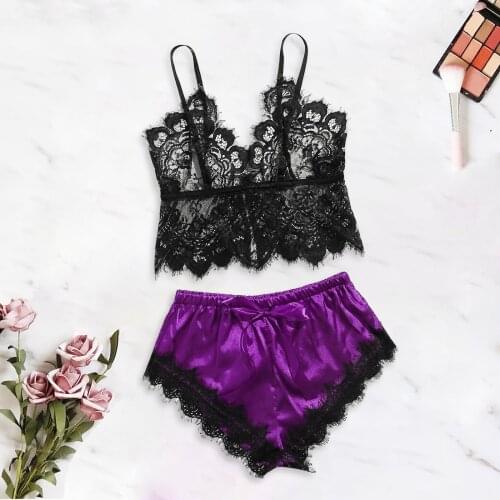 Sexy Pajama Sets Lingerie Hollow Lace V-Neck Sleeveless Satin Silk Shorts Summer New Sling Sleepwear for Women Pizama Damska