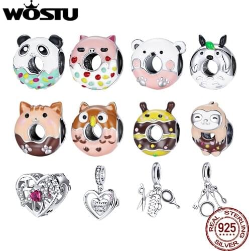 WOSTU 925 Sterling Silver Panda Bear Kitty Bee Piglet Donut Charms Pendant Fit Original Bracelet Women Fashion DIY Jewelry Gift