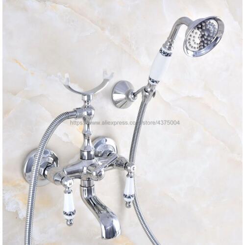 Polished Chrome Bathtub Faucet Wall Mount Handheld Bath Tub Mixer System with Handshower Telephone Style Nna709