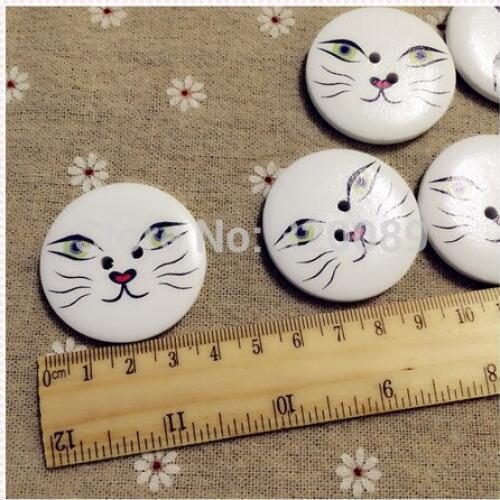 100pcs 40mm White Round Wood Large Buttons 2 Holes Cute Cat Face Sewing Accessories Crafts Scrapbooking Embellishements