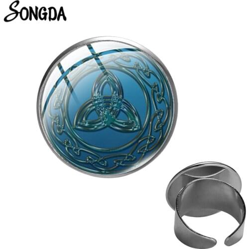 Northern European Mythology Triquetra Talisman Ring Teen Wolf Triskele Irish Symbol Glass Cabochon Opening Ring Vintage Jewelry
