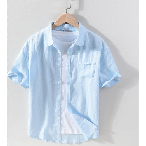 New brand short sleeve linen shirts men casual square collar solid shirt mens fashion breathable flax shirt male overhemd camisa
