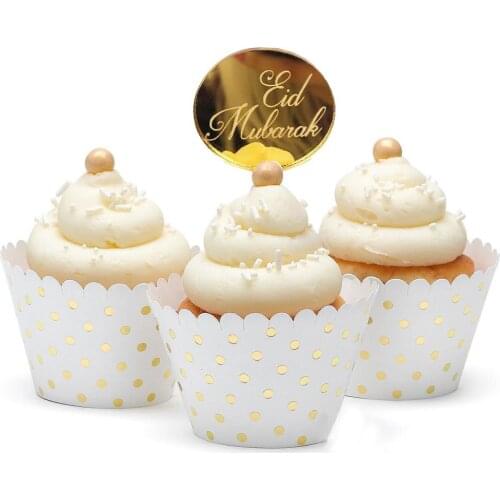 10PC/Set Golden Mirror Cake Topper Logo Eid Mubarak&Childrens Holiday Cake Cup Cover Cloth for Mubarak Party Snack Topper Decor