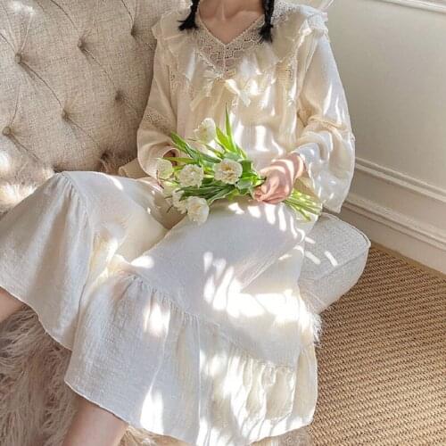 Vintage Cotton Beige Sleepwear For Women Long Nightgowns Long Sleeve Loose Night Dress Elegant Female 's Gifts Home Clothes