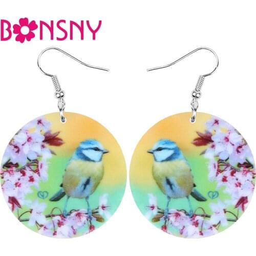 Bonsny Acrylic Round Parus Tit Earrings Aesthetic Big Flower Bird Animal Dangle Drop Jewelry For Women Girls Trendy Party Gift
