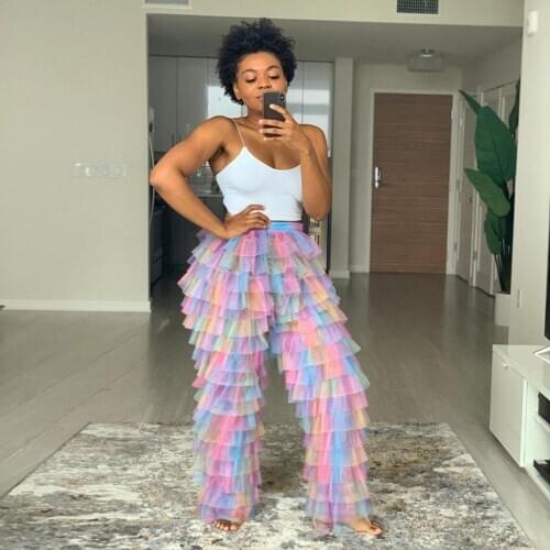 Fashion Colorful Tulle Pants Custom Made Rainbow Tulle Ruffled Pants Women Long Girls Maxi Party Wear Trousers