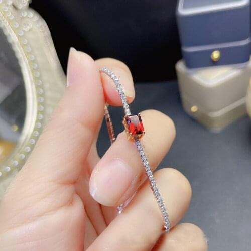 Fashion 100% 925 Sterling Silver Emerald Cut Natural Garnet Created Moissanite Gemstone Charm Bracelets Bangle Fine Jewelry Gift