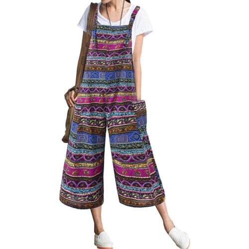 Boho style Women Wide Leg Jumpsuits Retro Sleeveless Striped Pockets Bib Overall Jumpsuits Pants women female