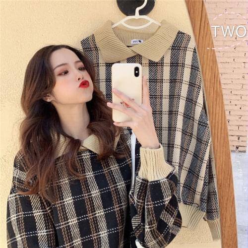 Ladies Pullover Sweater Collar Fake Two-piece Plaid Sweater Women Plus Velvet Thick Loose Korean Style Lazy Jacket