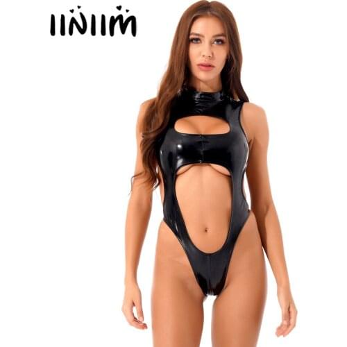 Womens Lingerie Bodycon Bodysuit Zipper Back Patent Leather Clubwear Cutout Mock Neck Leotard Hollow Out High Cut Sexy Catsuit