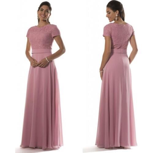 Dusty Pink 2019 Long Evening Dresses with Lace Bodice Short Sleeves robe de soiree Chiffon Formal Evening Party Dress