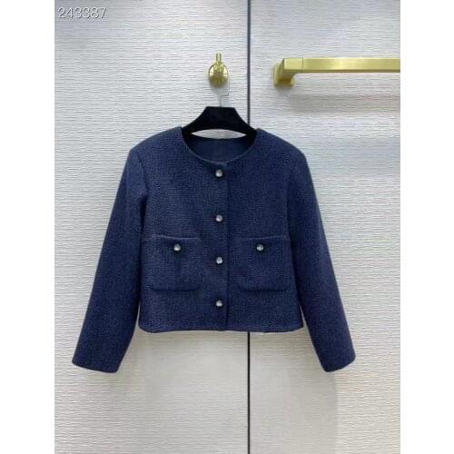 Fyion 2021 Designer Tweed Short Jacket Women O-Neck Single Breasted Long Sleeve Runway Winter Dark Blue Coat