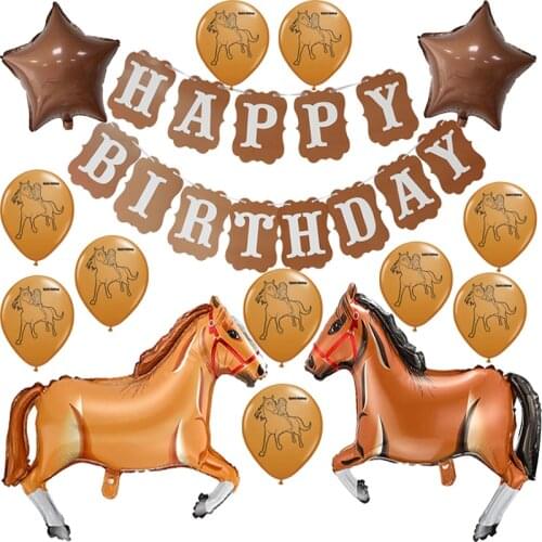 1Set Spirit Riding Horse Latex Balloons Coffee Brown Banner Cartoon Forest Animal Farm Pet Kids Happy Birthday Party Decorations