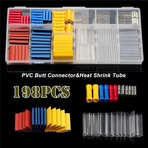 198 PCS Assortment Kit Cold-pressed PVC Butt Terminals Connector+ Heat Shrink Sleeve Tube +Non-insulated Wire Connectors