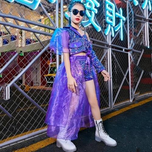 Shiny Sequined Stage Costumes For Children Hip Hop Performance Clothes Girls Jazz Dance Set Purple Strap Fashion dance Outfit